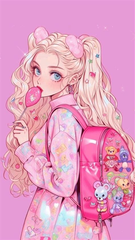 A Drawing Of A Girl With Long Blonde Hair Holding A Pink Backpack And