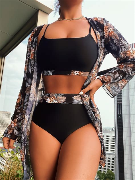 Pack Random Tropical Print High Waist Bikini Swimsuit Kimono