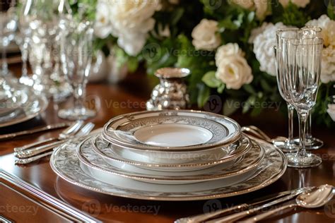elegant table setting  silver cutlery porcelain plates  crystal