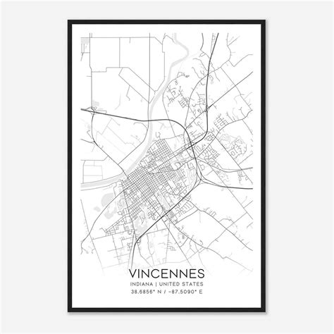 Vincennes Indiana Map Poster, Modern Home Decor Wall Art Print - Custom