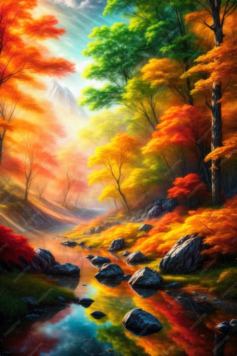 Premium Photo | River in forest during autumn painting Generative AI illustrations