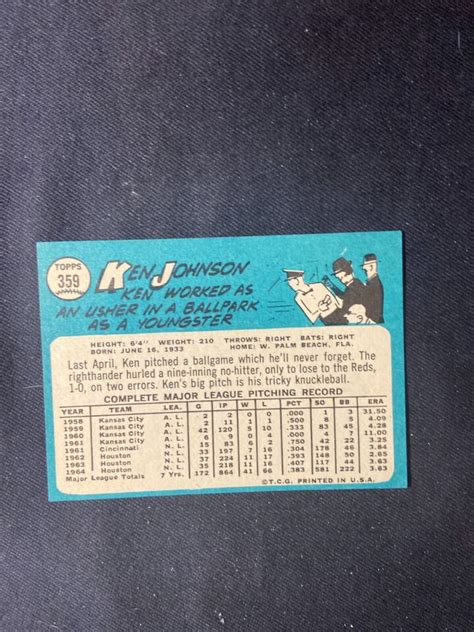 Packfresh 1965 Topps Estimated NMMT 359 Ken Johnson 10 EBay