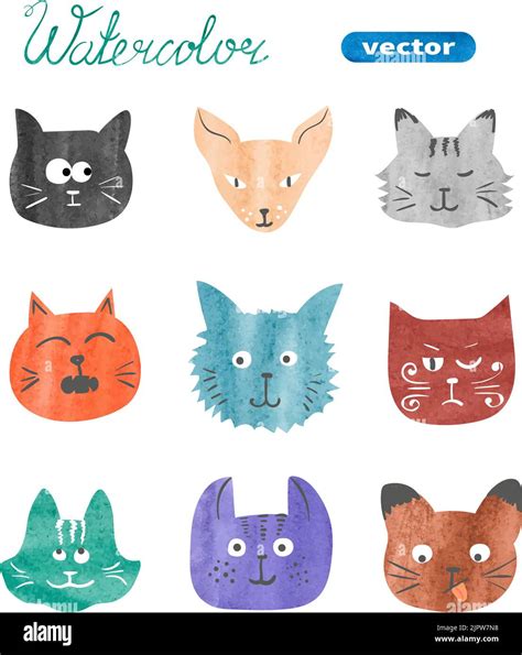 Set Of Cute Cats Watercolor Collection Of Cats Heads Isolated On White