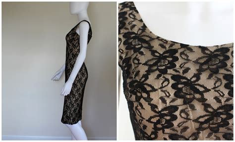 Vintage S Retro Black Lace Over Nude Sheath Sleeveless Cocktail Pencil Wiggle Dress By