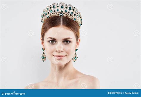 Romantic Woman With A Tiara And In Earrings Naked Shoulders Portrait Model Stock Image Image