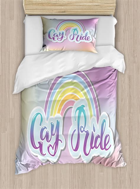Pride Duvet Cover Set Twin Size Gay Pride Text As Clouds With Sweet Rainbow Colorful Pastel