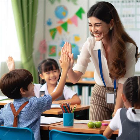 Premium Photo | Cheerful teacher giving high five to children in