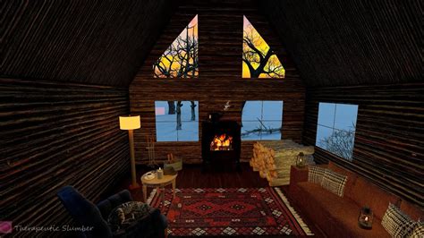 Cozy Winter Cabin Ambience At Sunset With Crackling Fireplace Sound