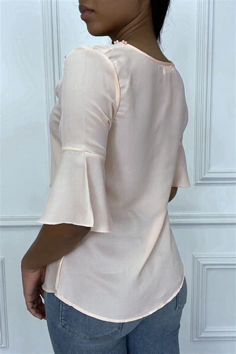 Blouse Corail Avec Perles Au Col Et Dentelle Aux Paules Blouse Femme