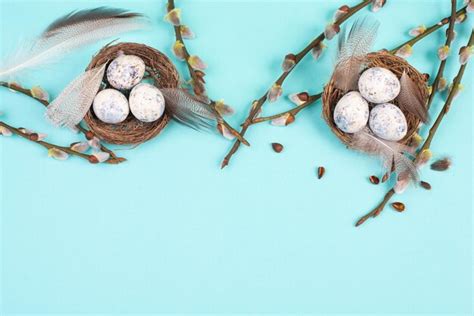 Premium Photo Easter Holiday Background Nest With Small Eggs Branches Of Pussy Willow