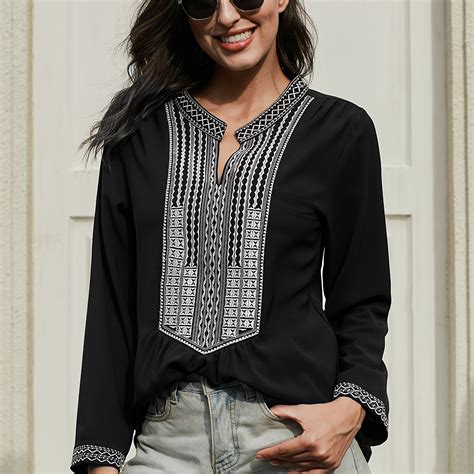 neck embroidery blouses casual long sleeve fashion loose comfy tops womens clothing quick
