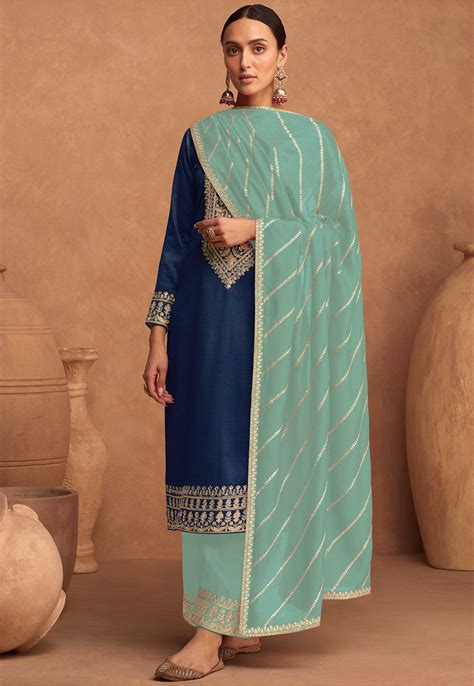 Buy Embroidered Art Silk Pakistani Suit In Navy Blue Online Kch11325 Utsav Fashion