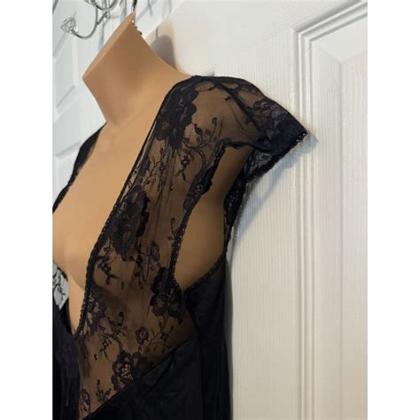 Vintage Long Black Nightgown Lingerie With Lace Back M Gem