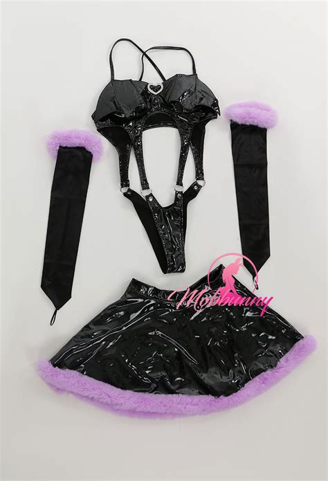 Halloween Gothic Sexy Lingerie Set Bat Wings Cutout Halter Bodysuit And Furry Skirt And Gloves