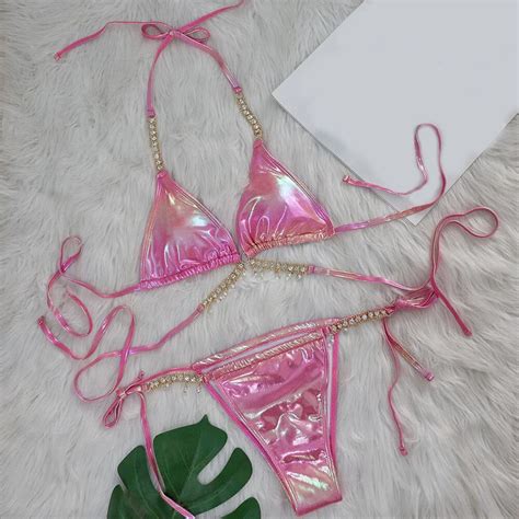 Summer Weekly Deal Kttectoa Lace Up Halter Shining Triangle Bikini Sets Women S Bikini Swimsuits