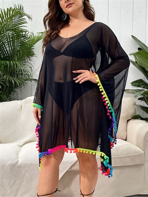 Plus Pom Pom Trim Batwing Sleeve Sheer Mesh Cover Up SHEIN USA