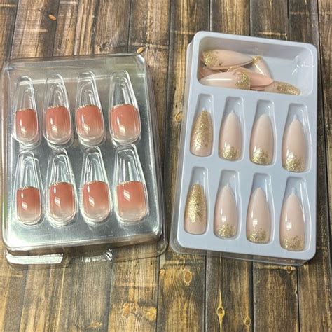 N A Makeup For Short Nude Glitter Tips And Long Pale Pink Gold Glitter False Fake Nails