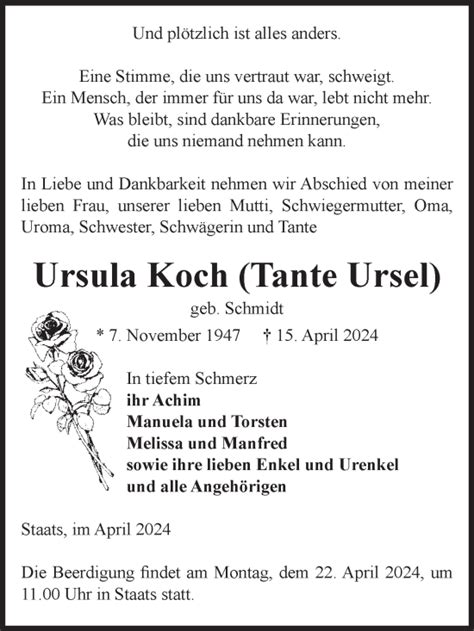 Traueranzeigen Von Ursula Koch Abschied Nehmen De