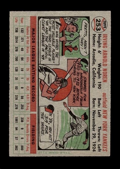 1956 Topps Set Break 253 Irv Noren NM MT OR BETTER GMCARDS EBay