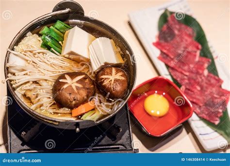 Japanese Sukiyaki Hot Pot With Vegetable Beef Slice Raw Egg Royalty Free Stock Image