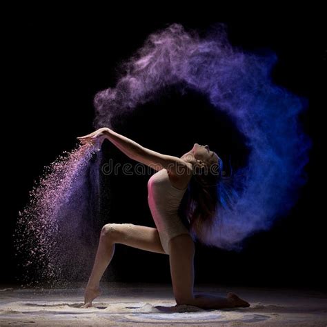 Brunette On Her Knees In Color Dust In The Dark Stock Image Image Of