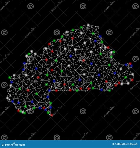 Bright Mesh Carcass Burkina Faso Map with Flash Spots Stock Vector