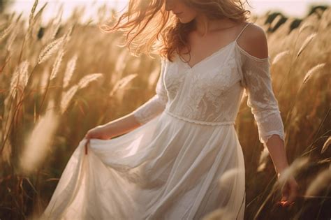 Premium Photo Araffe Woman In A White Dress Walking Through A Field