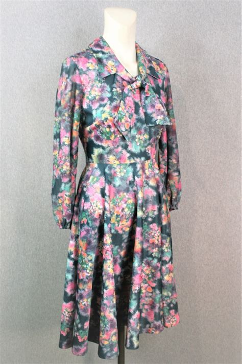 1970 S Teal Pink Shirtdress Pussy Bow Estimat Gem