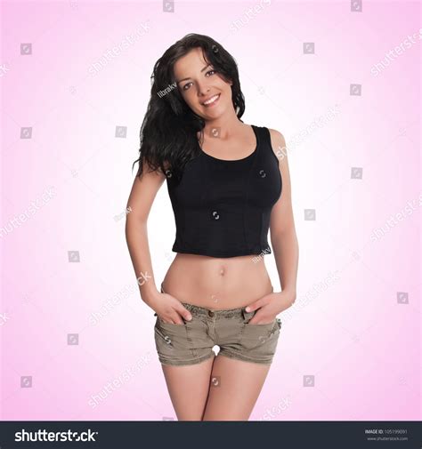 Sexy Brunette Woman Posing Hot Pants Stock Photo Shutterstock