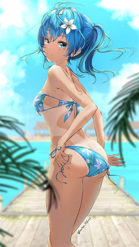 Garter Velvet Aigami Kaon Original Highres 1girl Bikini Blue Bikini Blue Hair Blue Sky