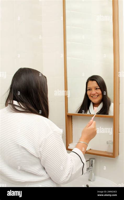 Latina Year Old Woman Brushes And Takes Care Of Her Teeth To Prevent Cavities Dressed In