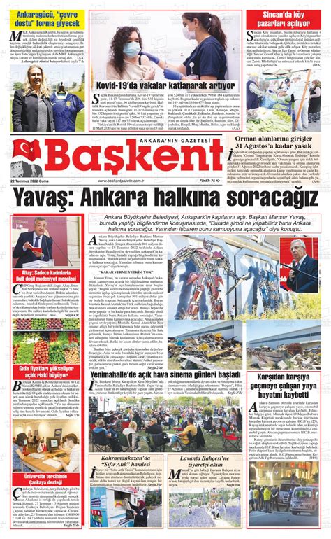 22 Temmuz 2022 tarihli Ankara Başkent Gazete Manşetleri