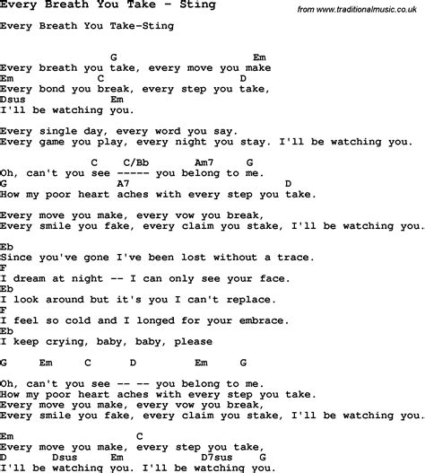 Song Every Breath You Take by Sting, song lyric for vocal performance ...