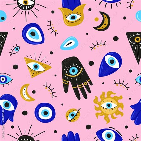 Seamless pattern with Cartoon Evil eyes. Blue Evil eye, Hamsa, Hand of Fatima, Eye of Providence ...