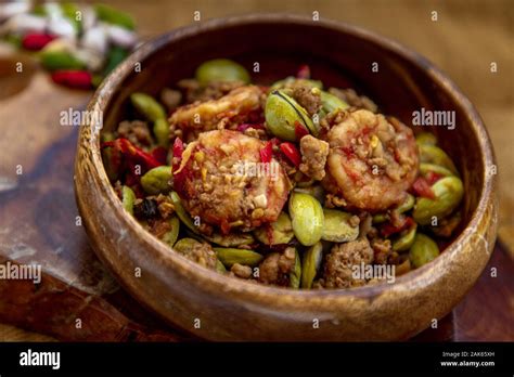 Stir Fried Bitter Beans Sator With Shrimp In Wooden Bowl It Is A