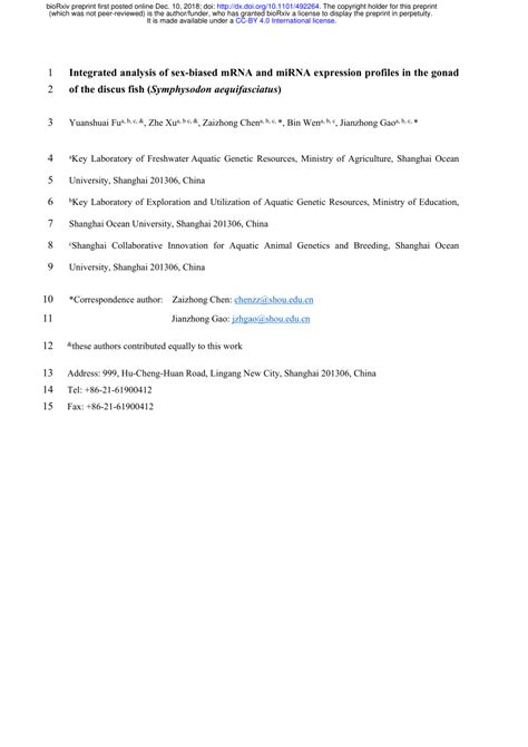 PDF Integrated Analysis Of Sex Biased MRNA And MiRNA Expression