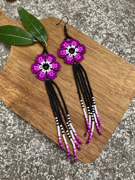 Purple Boho Beaded Earrings Long Native American Beaded Etsy