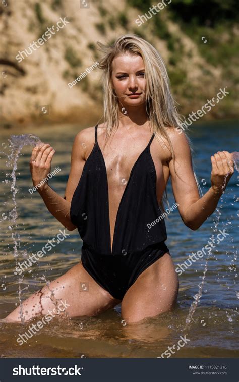 Beautiful Sexy Blonde Girl Swimsuit Posing Stock Photo