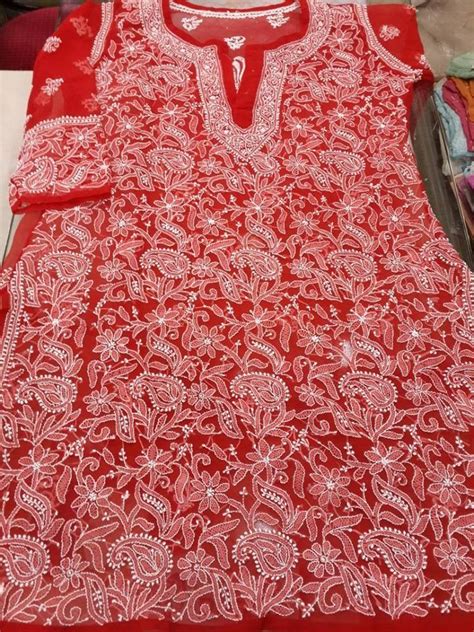 Exclusive Lucknow Chikan Red Georgette Kurti With Fine Chikankari Murri