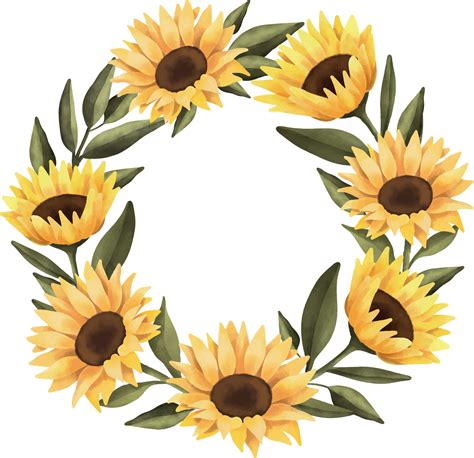 Watercolor Wreath Of Sunflower Hand Painted Floral Circle Border With