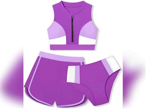 Girls Swimsuit Piece Color Block Zipper Front Bathing Suit Bikini Set