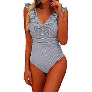 Chechury Costume Da Bagno Donna Bikini Intero Sexy Push Up Imbottito Bikini Strisce Profondo V