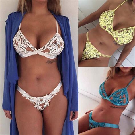 Sexy Women Swimsuit Lace Floral Bikini Set Brazilian Swimwear Push Up Bathing Suit White Blue