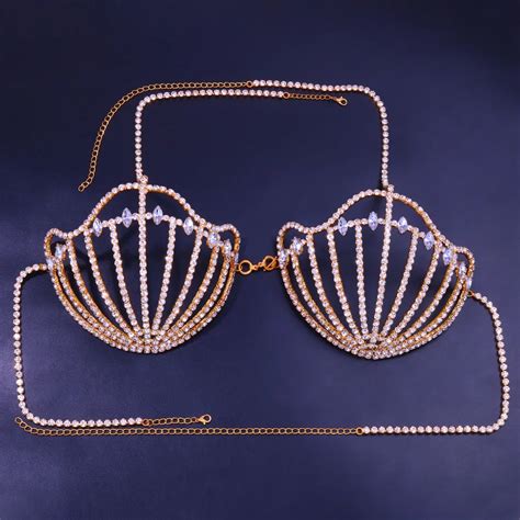 Crystal Shell Bra Body Chain Harness Rhinestone Lingerie