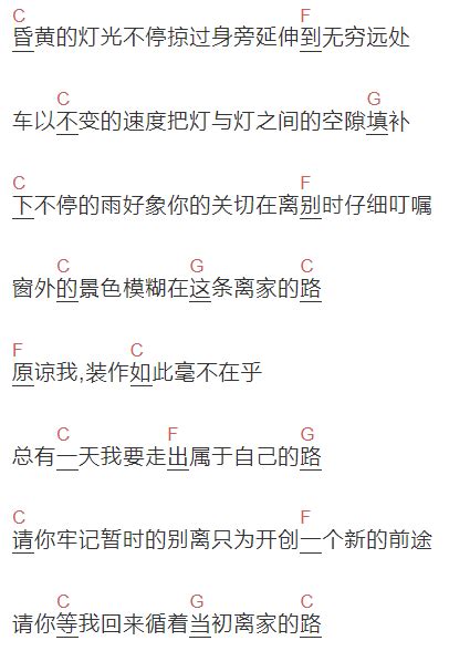 简易版分解节奏型《离家的路》吉他谱 齐秦c调编配和弦谱弹唱谱 原调g调 国语版初级吉他谱 易谱库