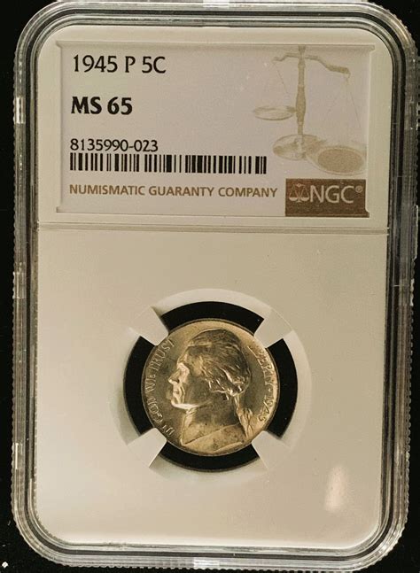 1945-P SILVER WAR TIME NICKEL COIN, NGC GRADED MS 65 BRILLIANT GEM IN ...