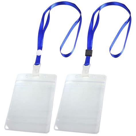 2 Pcs Id Card Badge Holder Adjustable Neck Strap Lanyard Blue Clear