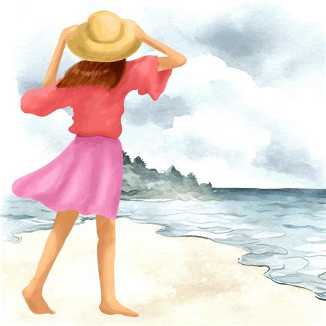 Mulher Na Praia Desenho - Ilustração de aquarela de mulher na praia | Vetor Premium