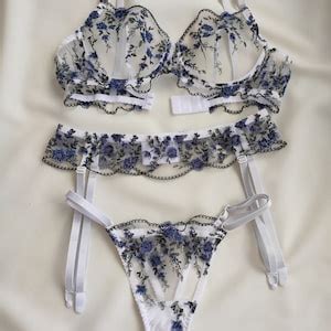 Floral Lace Lingerie Embroidered Lingerie Set Blue Lingerie Set Lingerie With Flowers White Mesh