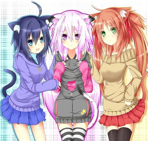 Nekos Nekomimi Pretty Neko Green Eyes Sweet Nice Group Anime